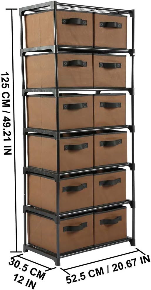 Function Home 12-Drawer Chest, 6 Tier Storage Organizer Tower, Metal Shelf with 12 Removable Fabric Bins, Ideal for Home Office Dorm Bedroom, Brown