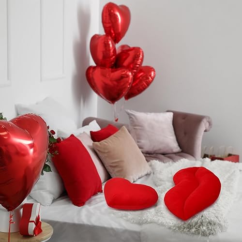 Miniatura 6 de Suzile Juego de 2 almohadas de labios con forma de corazón rojo, lindo y suave para labios, cojín de felpa en forma de corazón para cama, sofá, sala