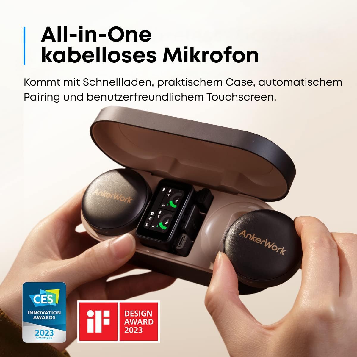 AnkerWork M650 Kabelloses Lavalier Mikrofon, Professionelle Geräuschunterdrückung, Magnetisches Cover, 2-Kanal Abnehmer, 200m Reichweite, 15k Akku, Vlogs & Livestream, Nicht geeignet für Konferenzen