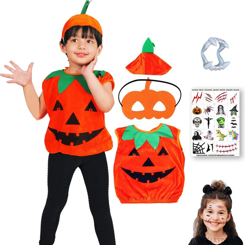Sarvda Pumpkin Dress for Kids | Boys and Girls | Halloween Cute Funny Pumpkin Costume | Mask | Cap | Teeth | Fun Tattoo | For 4 to 5 Year Kids (B0BG8LPGMP) Amazon Price History, Amazon Price Tracker