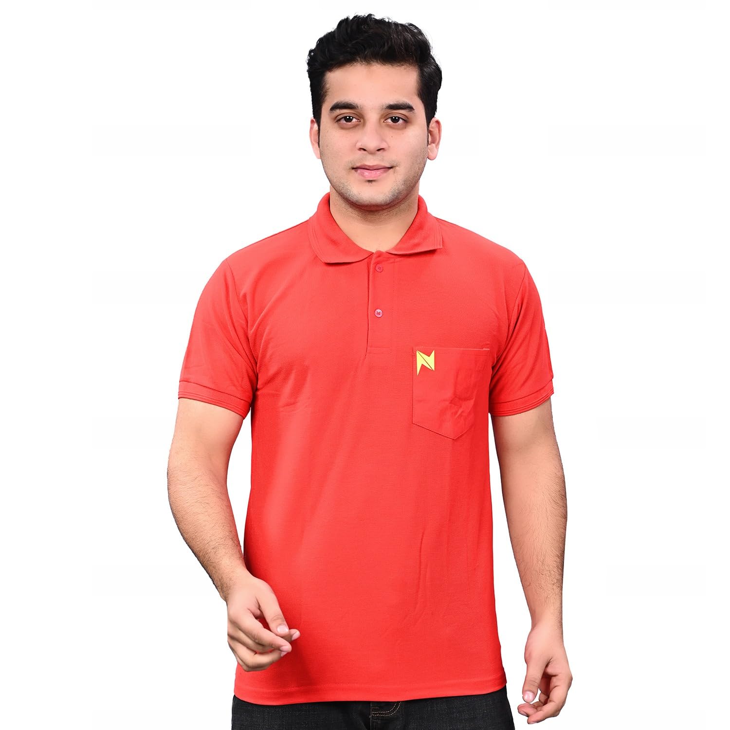 Men Red Solid Polo Collar T-Shirt Half Sleeves | with Chest Pocket | Plain-Regular Fit.-image-3