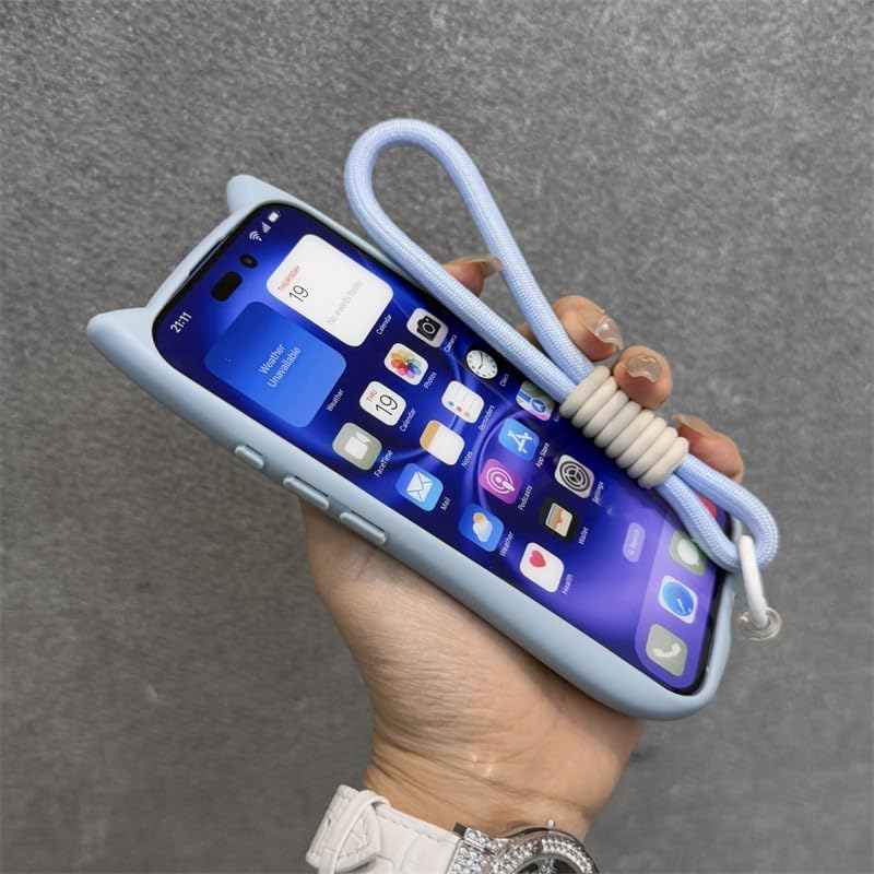 3D Cat Ear Cute Case for iPhone 16 15 14 13 12 Pro Max [Compatible with MagSafe] Millitary Shockproof Transparent Magnetic Cover (Blue with Lanyard,for iPhone 16 Pro Max)