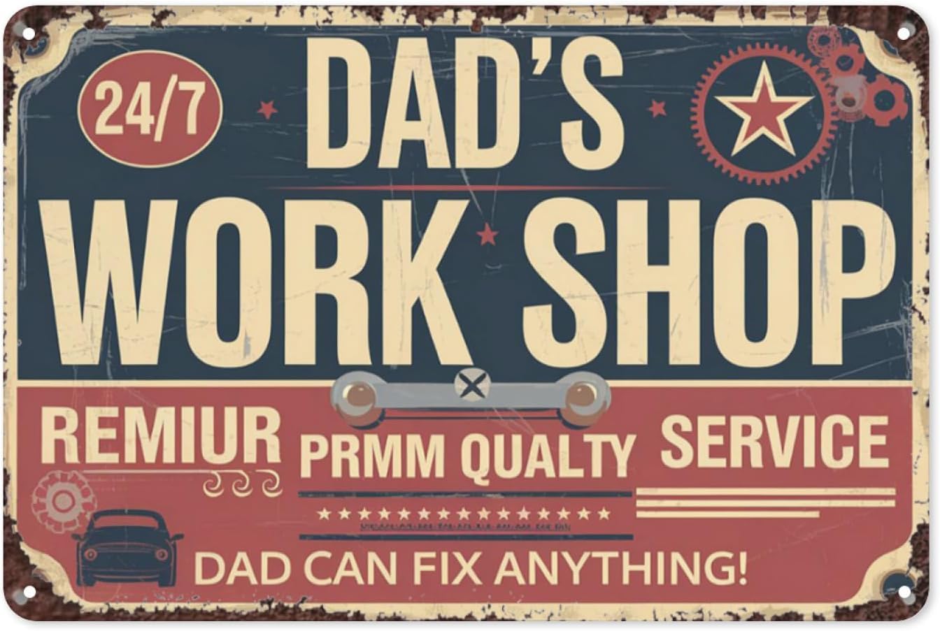 SMAZDFXX Dad's Workshop Fix Car Vintage Tin Sign - Retro Garage Wall Decor with Tool Graphics, Metal Workshop Signage for Man Cave Industrial Style Home & Auto Repair Enthusiast 8"x12"
