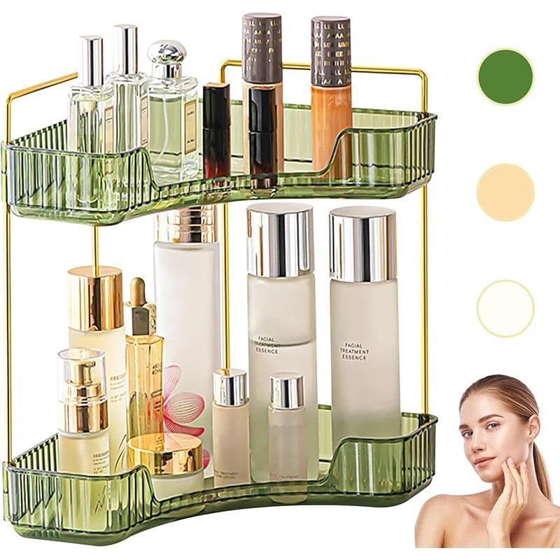 2 Tier Makeup Organizer Storage Box| Cosmetic Vanity Tray For Makeup, Stationary|Storage Organizer, Bathroom Organizer| Dressing Table |Gifts for women-38cm (Green/Gold)