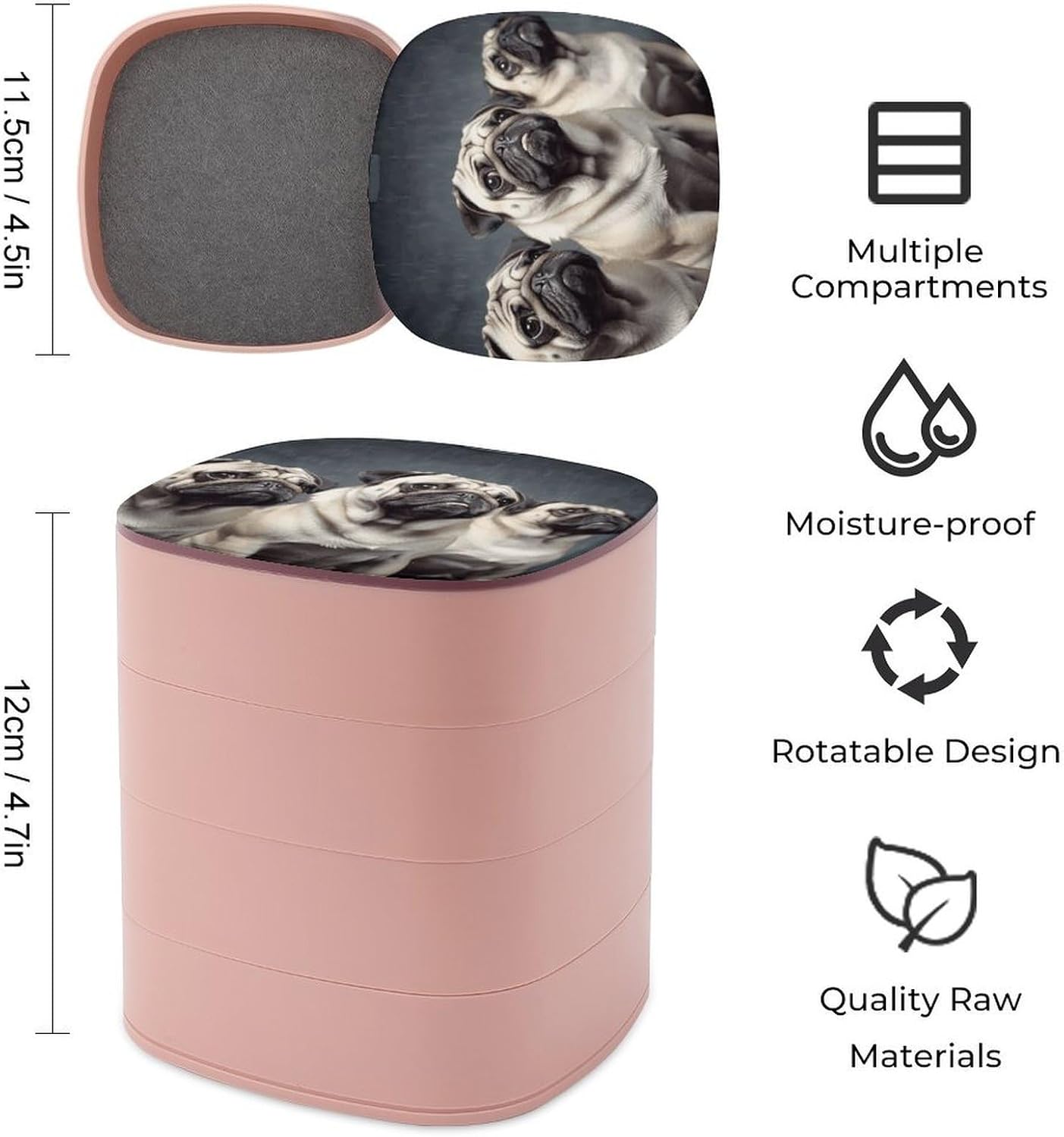 Funny Pug Dog Jewelry Box 360° Rotatable Jewelry Organizer 4 Layers Jewelry Case with Lid Fashion Portable Earring Holder for Bracelets Rings Bracelets Vanity image 2