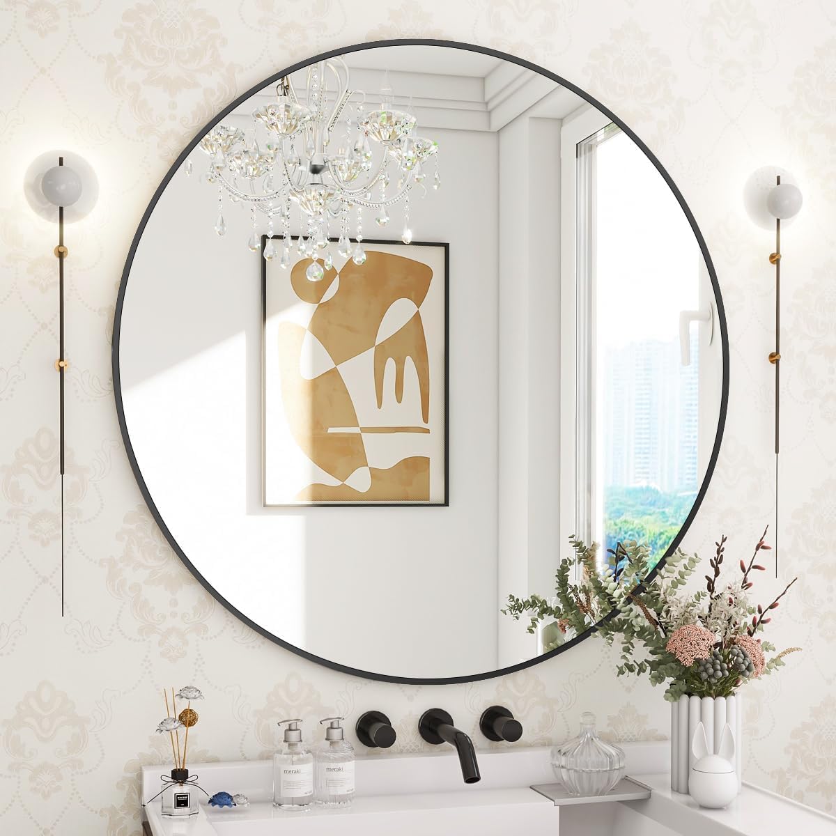 The Artment your artistic apartment Decorative Orbit Round Shape Wall Mirror with Black Frame for Living Room | Bathroom | Hall | Home Decor with Hanging Stripes (Black Frame, 16 Inch)-image-19