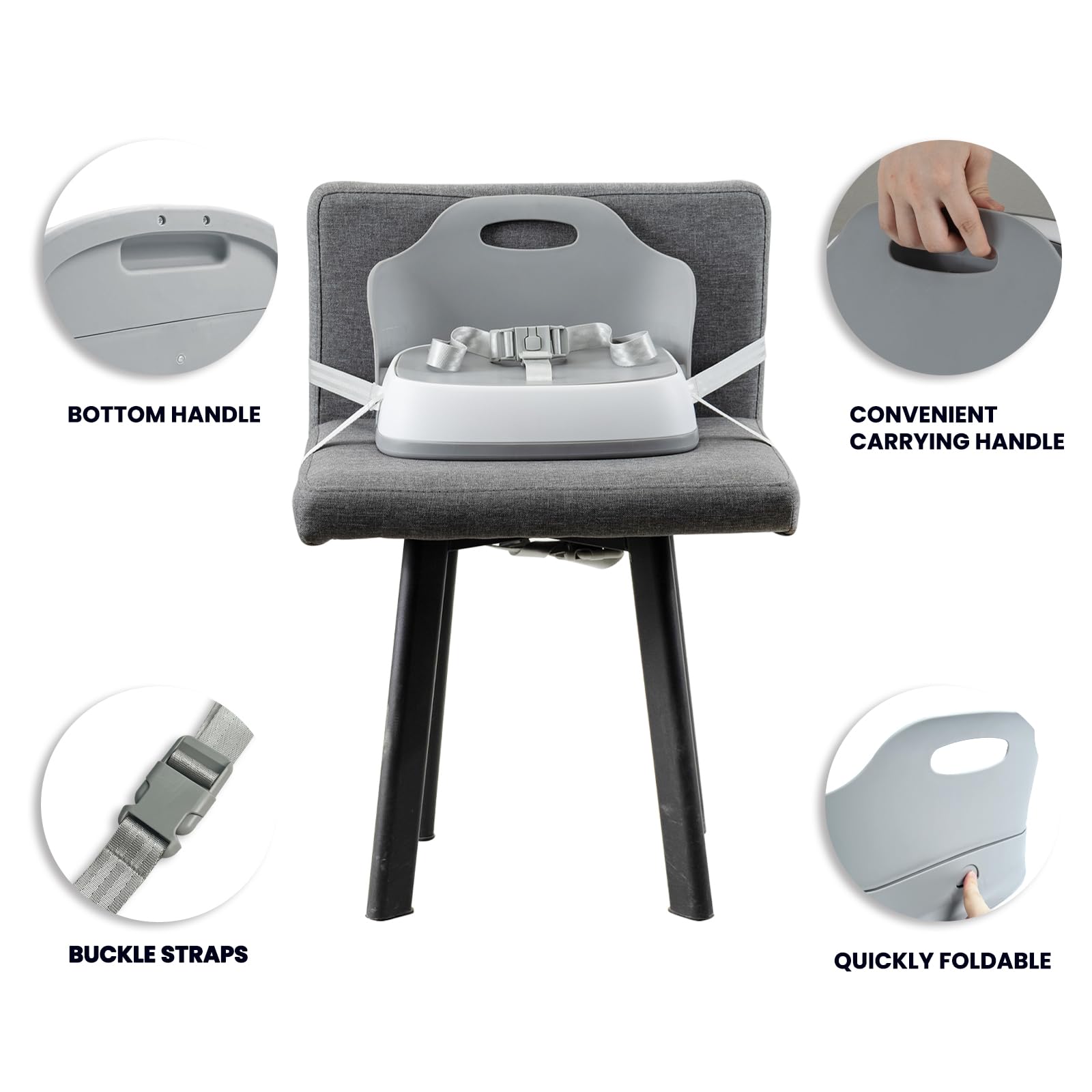 UBRAVOO Asiento Elevador, Cojín Elevador Portátil, Triple Fijación, Asa de Transporte Plegable Portátil, Adecuado para Niños de 6 a 36 Meses (Gris-2)