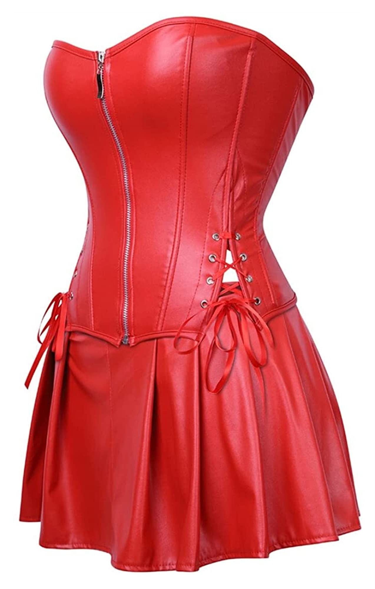 Corset en simili cuir punk rock pour femme avec jupe rétro goth ceinture cincher basque bustier, Rouge, L