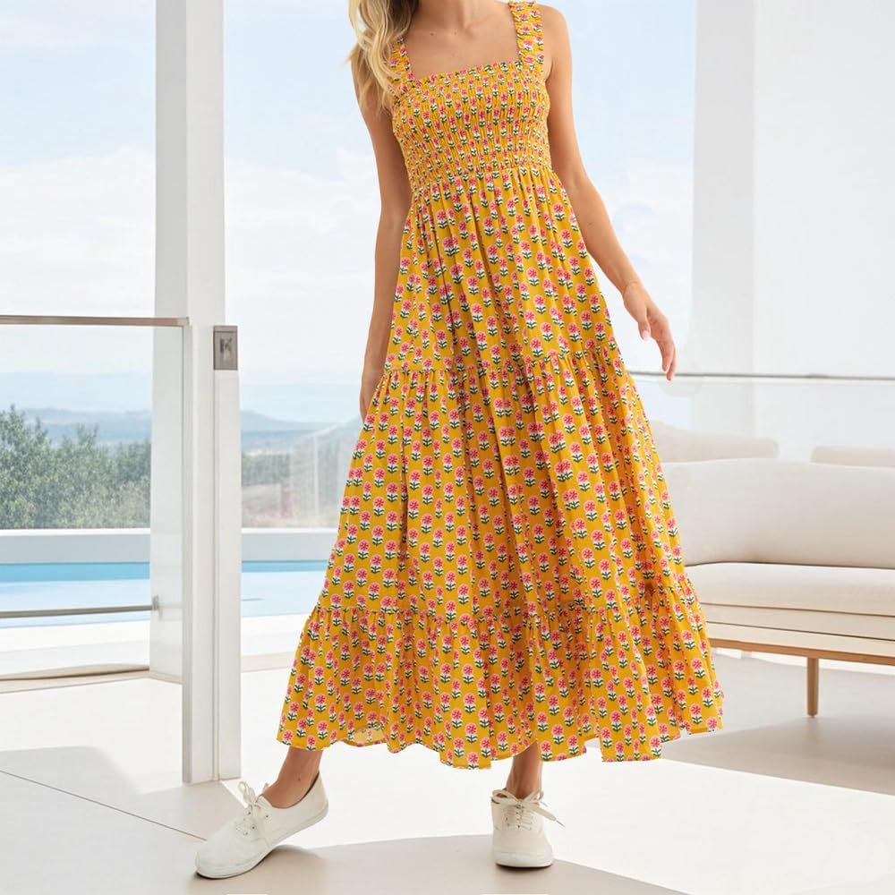 Women Bohemian Graphic Maxi Dress Spaghetti Strap Flowy Cami Dress Floral Tiered Sundress Y2K Summer Beach Dresses - Image 2
