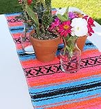 Del Mex (TM) Traditional Falsa Mexican Blanket Table Runner (Turquoise/Pink/Orange)