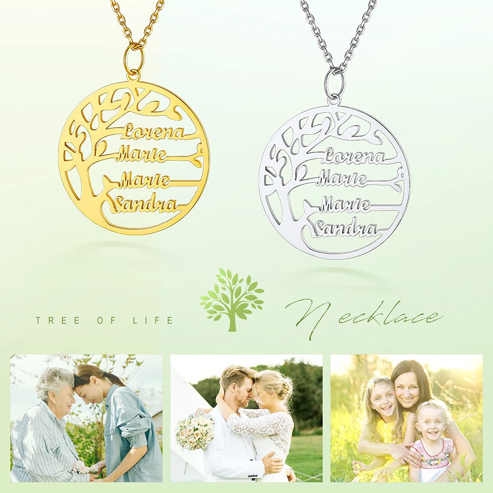 Custom4U Collar Mujer Arbol de Vida con Nombres Personalizados Colgante Redondo/Corazón Acero Inoxidable 316L / Plata de Ley 925 con 1/2/3/4/5/6 /7/8 Nombres Regalo Madre Pareja Familia