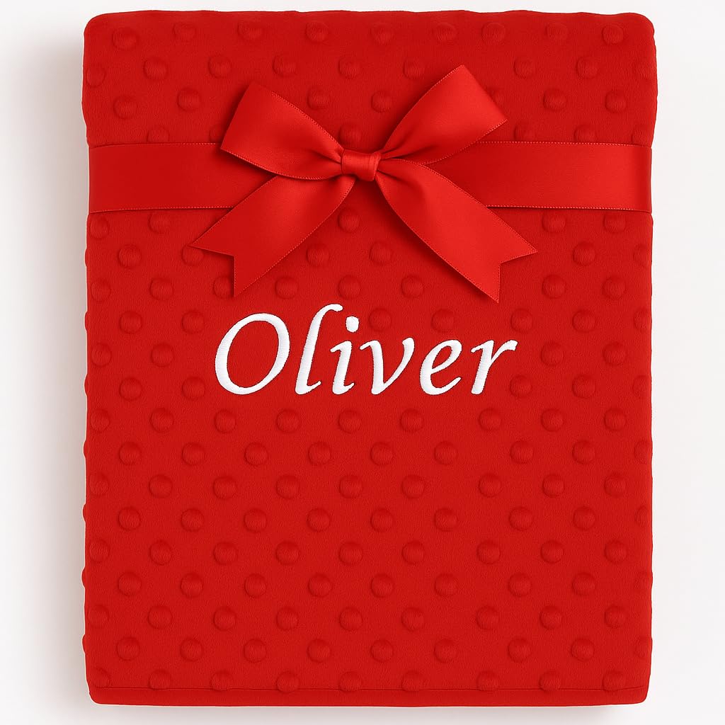 Baby Boy Girl Personalised Blanket Embroidered Name Bobble Star (Red Bobble)