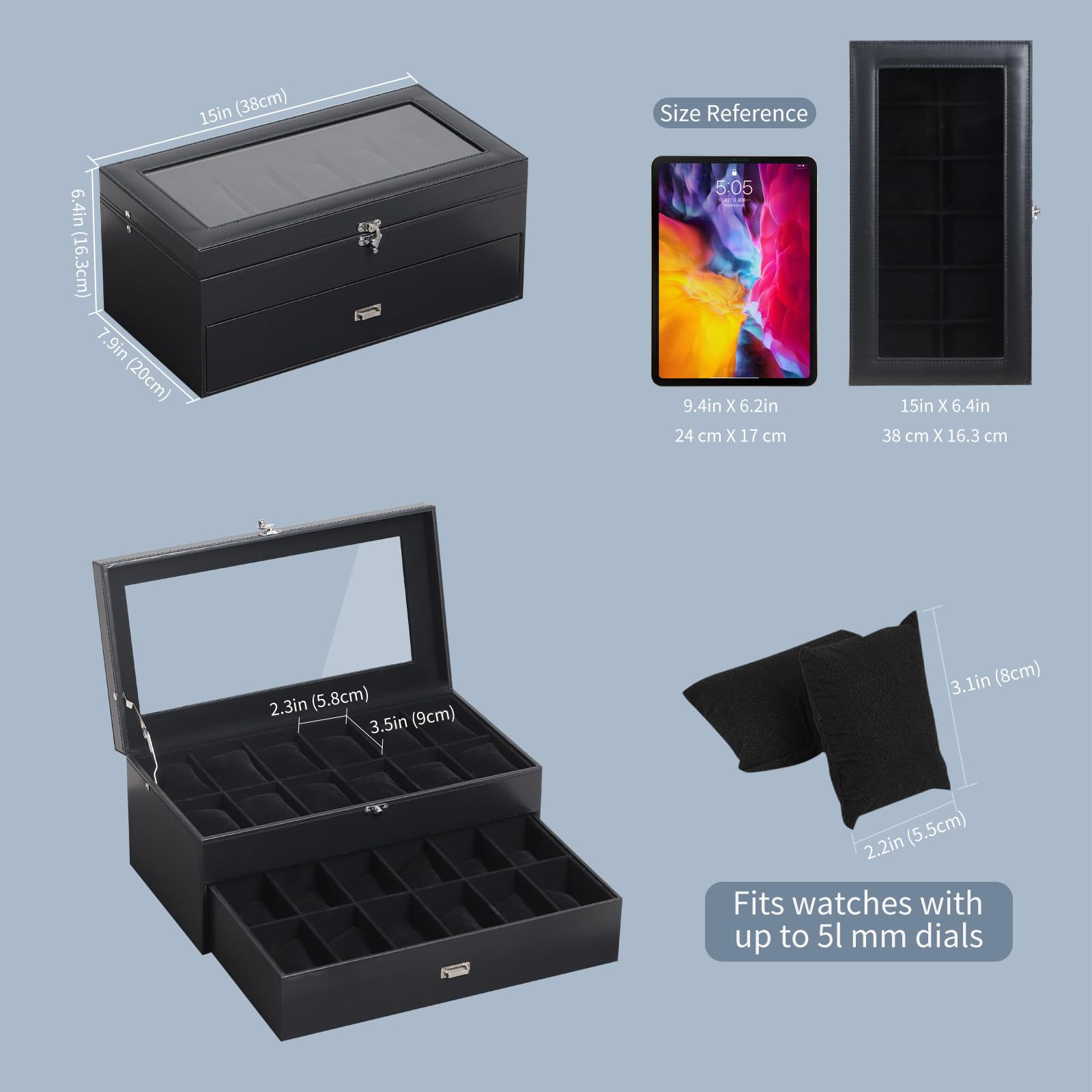 AUTOARK Caja organizadora de 24 relojes con tapa de vidrio y cajón de joyas de cuero y terciopelo, negro MKAW035