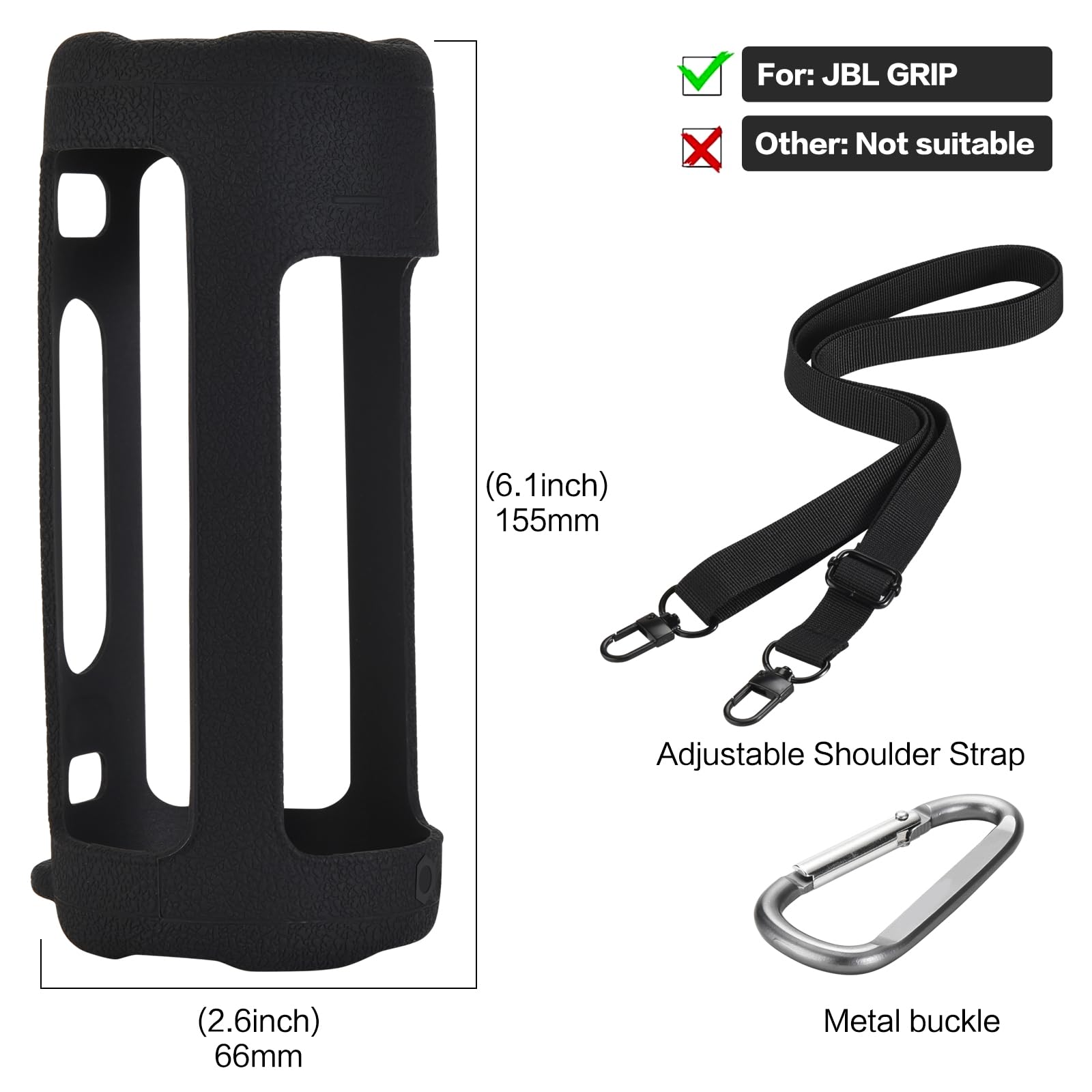 Silikon Hülle Schutzhülle für JBL Grip mit Schultergurt & Karabiner, Tragbare Reisehülle Tragetasche Case (Schwarz)