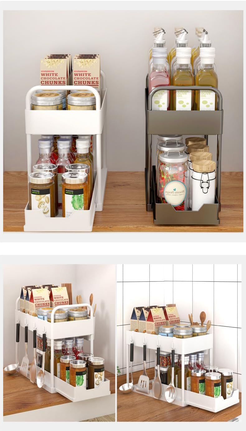 Under Sink Storage rack, PP+ABS Sliding Cabinet Basket and Storage Organizer 2 Tier Pull Out Cabinet Organizer for Kitchen Bathroom, Large Capacity,
