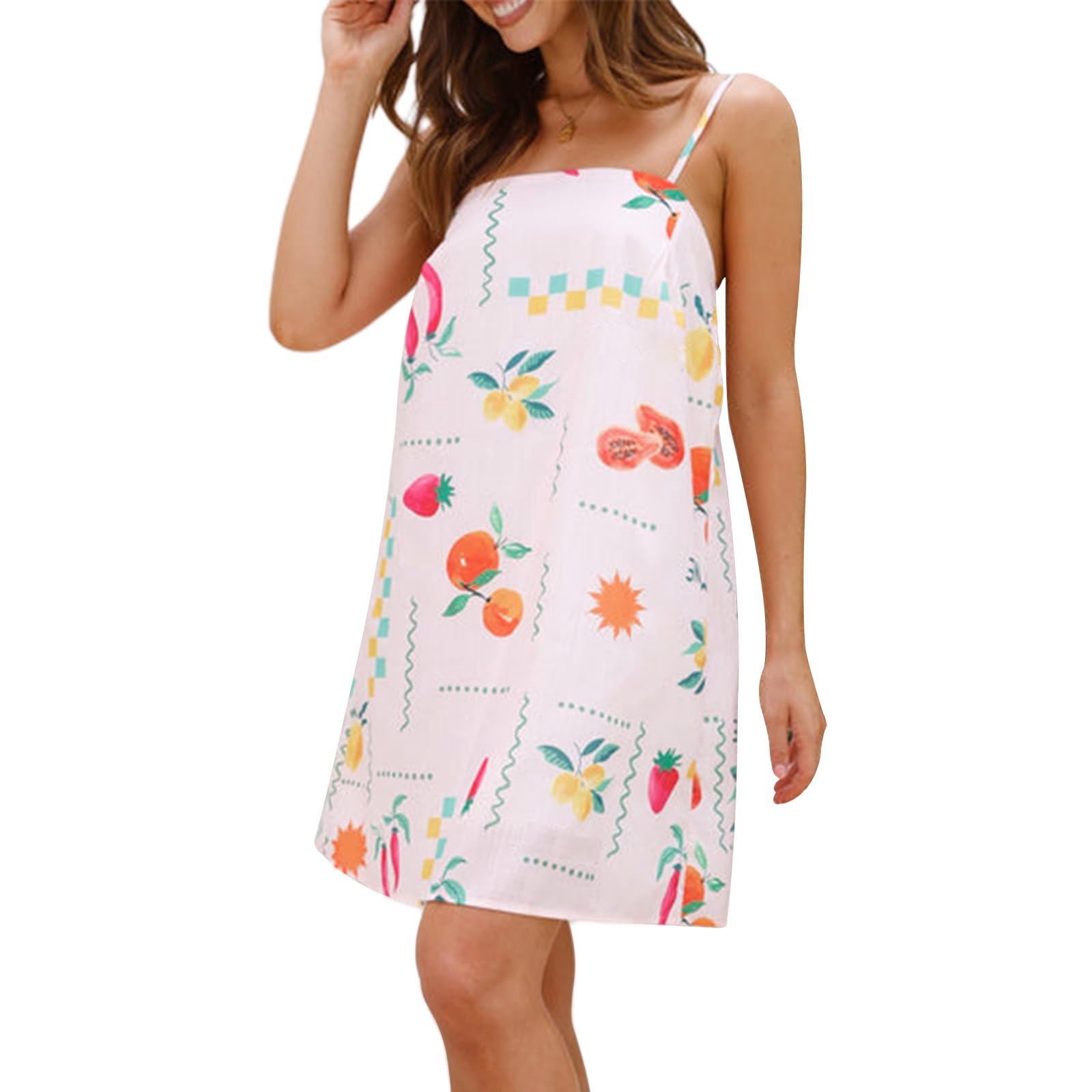 YILEEGOO Women Spaghetti Strap Boho Cami Dress Square Neck Backless Graphic Print Summer Tunic Short Mini Dress Sundress (White Orange, L)