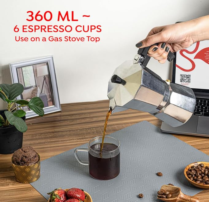 Image of Sipologie Roma Moka Pot Espresso Maker, 360ml, Classic Italian Brewing for Flavourful & Strong Coffee, Premium Grade Aluminium Stovetop Percolator, Silver