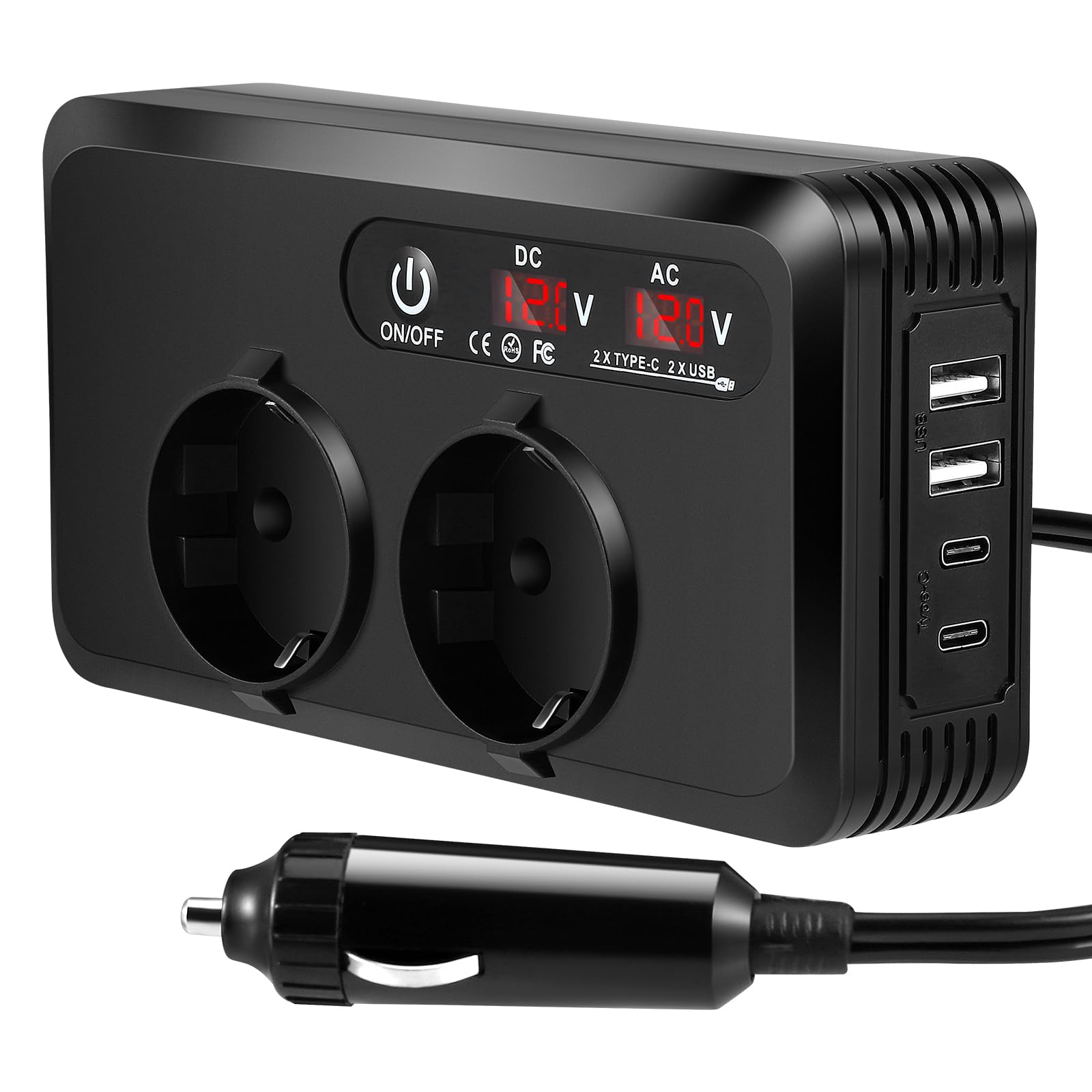 Encendedor de cigarrillos para coche CC a CA, inversor con doble pantalla LED, 200 W, convertidor de voltaje de 12 V a 230 V, con 2 enchufes y 2 USB-C 2 USB-A, cargador de coche con enchufe para