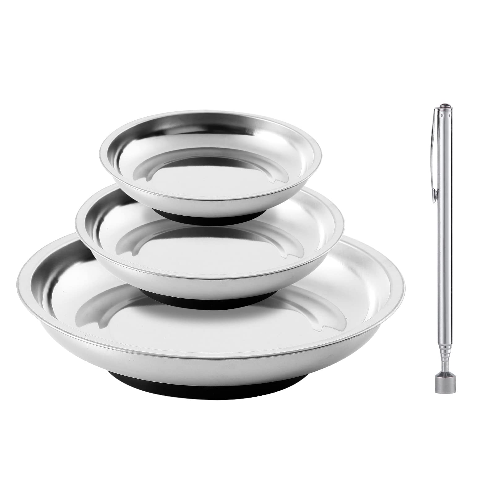 Rechabite 3 Pieces Magnetic Tool Trays with 5LBs Telescoping Magnetic Pick-up Tool Set, 3" 4" 6" Stainless Steel Magnet Tray Parts Holder for Screws,