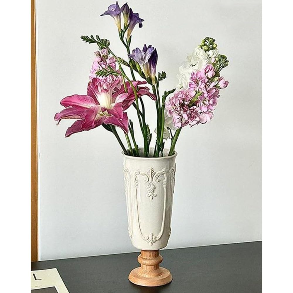 Eleganckie Wazon ceramiczny w stylu vintage z drewnianą podstawą, ozdoba do domu, salon, przedpokój, hydroponiczny Centralne elementy stołu