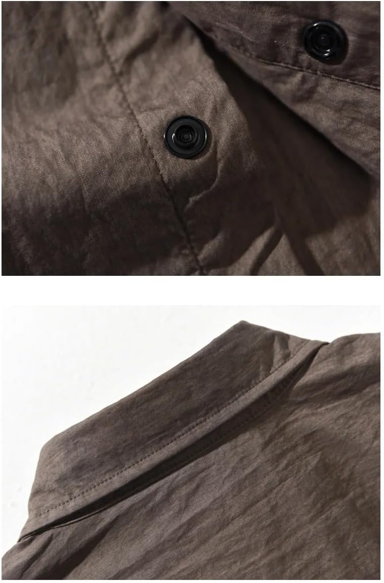 Men's Casual Shirt Solid Color Double Pocket Loose Soft Lapel Long Sleeve Top for Spring