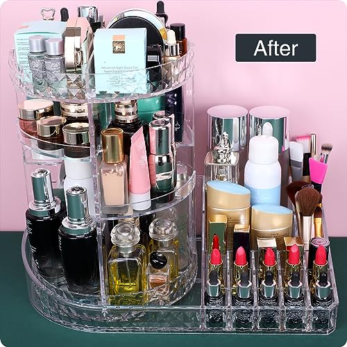 Image of MOSIKER 360 Rotating Skincare Organizer,Large Clear Acrylic Tiered Adjustable Perfume Tray Cosmetic Holder for Bathroom