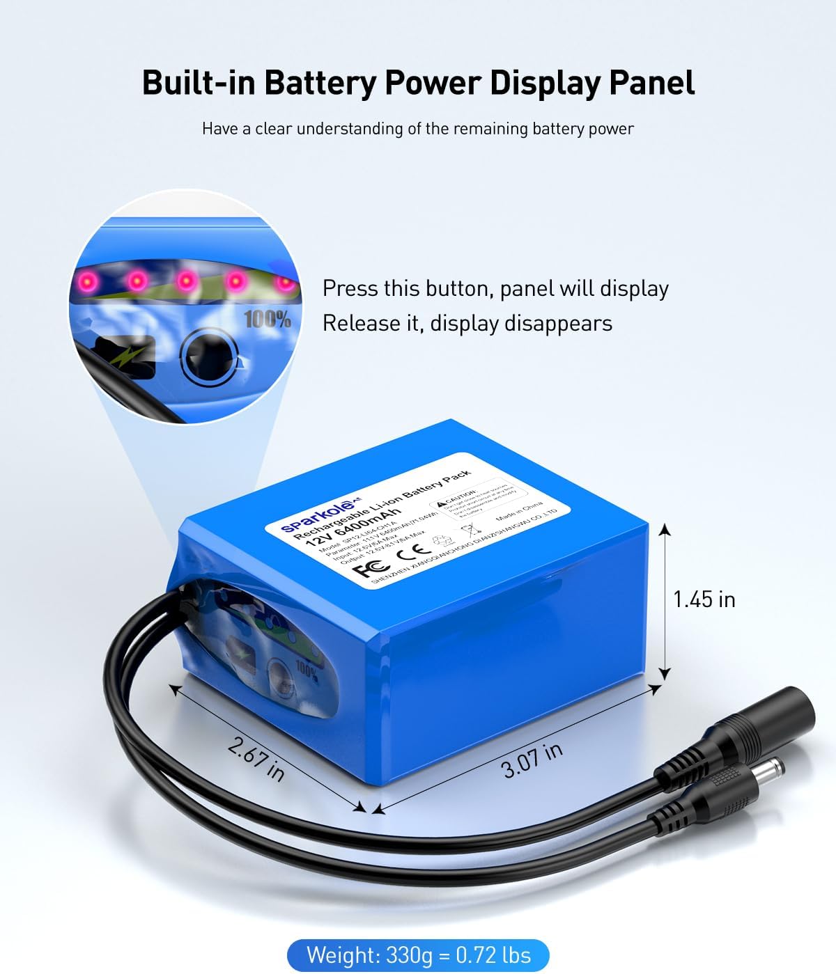 12V 6400mAh Rechargeable Lithium ion Battery with Charger, Bare Leads, 12v Battery Pack DC5521 Port for LED Strip, Router, Radio, CCTV Camera, DIY Project, Solar Panel, Telescopes etc