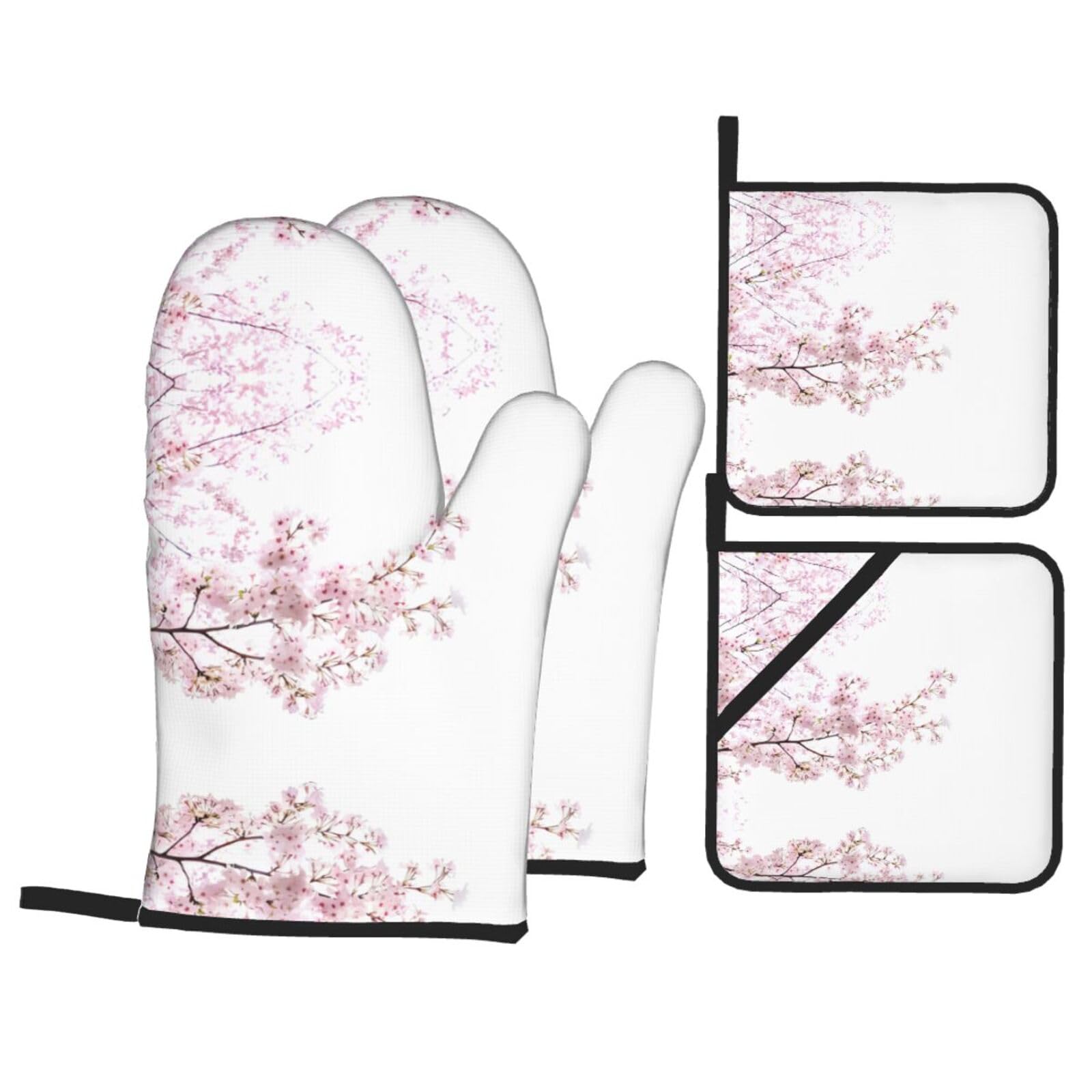 YYHHAOFA Cherry Blossoms Tree Prints Kitchen Baking Set with Heat Resistant Pot Holders & Oven Mitts - Waterproof Layer for Hot Dishes, Grill & Microwave
