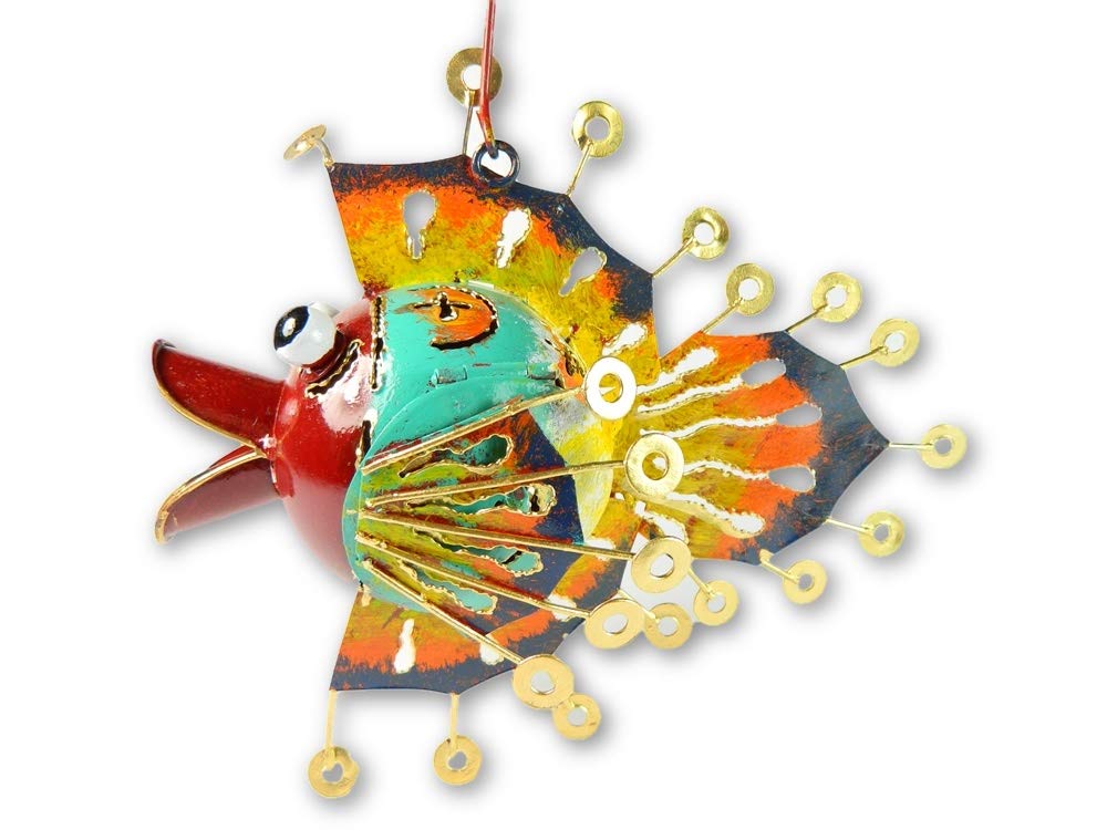 Thai Gifts Multi-Coloured Hanging Metal Tropical Red Face Fish Tealight Candle Holder With Sturdy Hook - Unique, Vibrant Design - Outdoor/Indoor Garden Ornaments - Handmade & Hand-Painted Metal Decor - Ideal For Trees & Patios