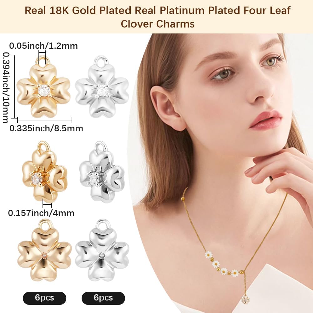 Beebeecraft 1 Box 12Pcs Clover Charms 18K Gold & Platinum Plated Four Leaf Clover Lucky Charm Shamrock for Jewelry Making Bracelet Necklace Earrings DIY Crafts St. Patrick