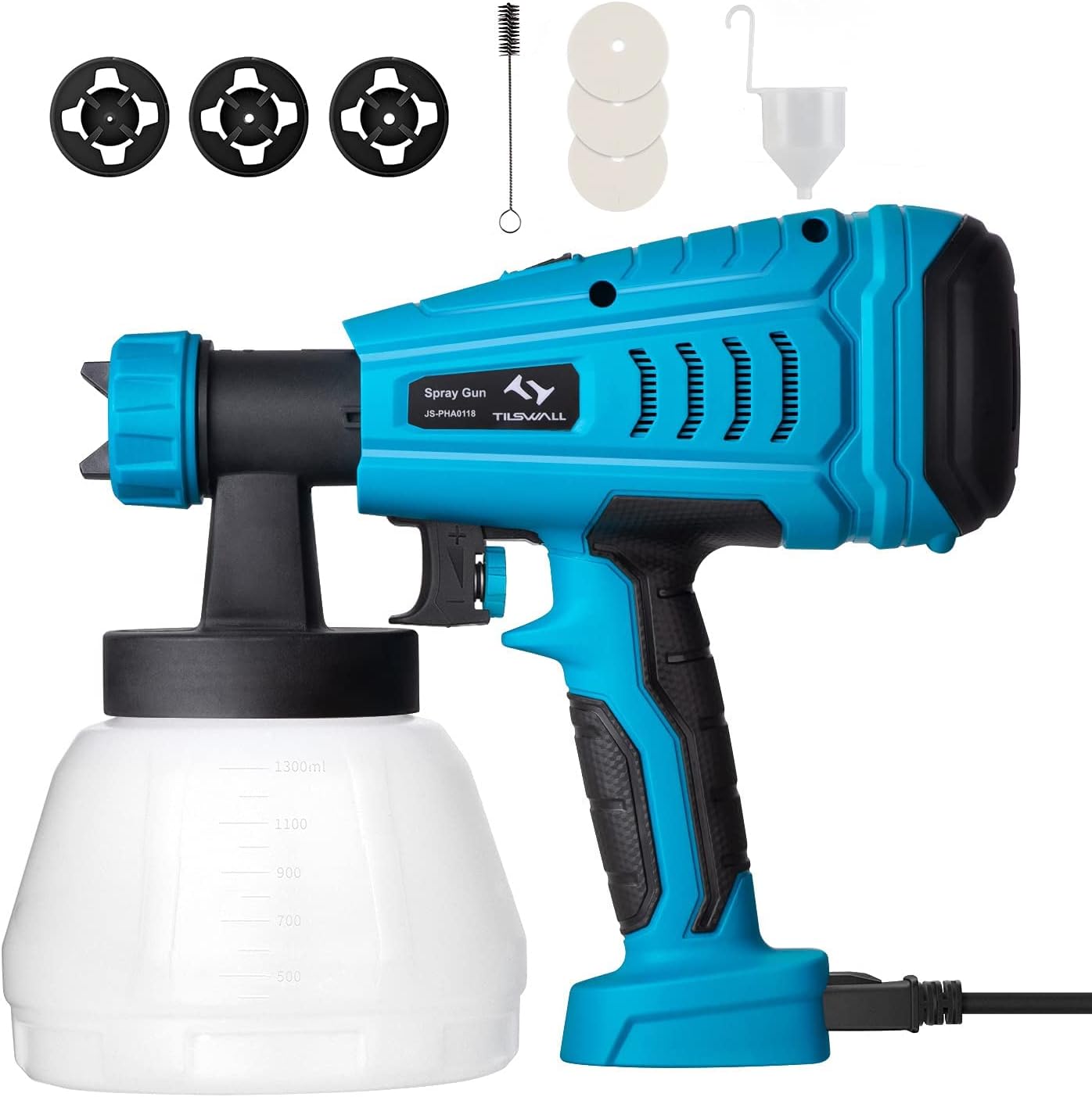 Paint Sprayer 550W Tilswall HVLP Electric Paint Spray Gun with 1300ML Detachable Tank Max 1200ml/min, 3 Spray Patterns,3 Nozzle Sizes for Fence, Cabinet, Home Painting