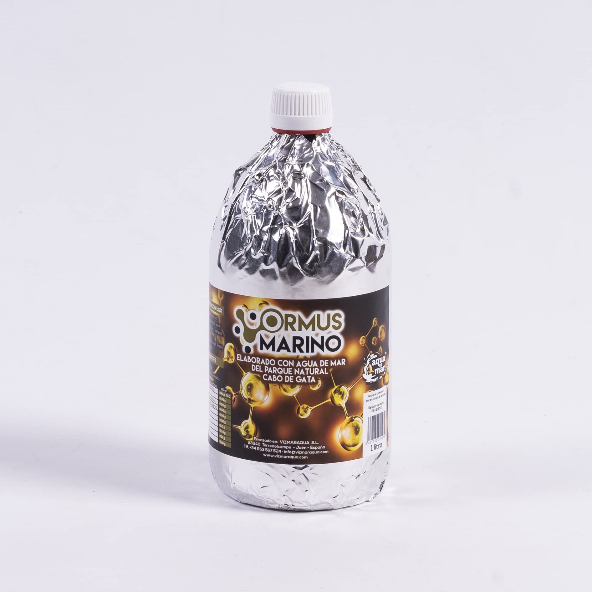 Ormus Marino- Ingredientes: 95% Agua de Mar 5% Agua Desmineralizada - Oro Monoatómico - Aqua de Mar - Captada enParque Natural Cabo De Gata -1 unidad -1 litro