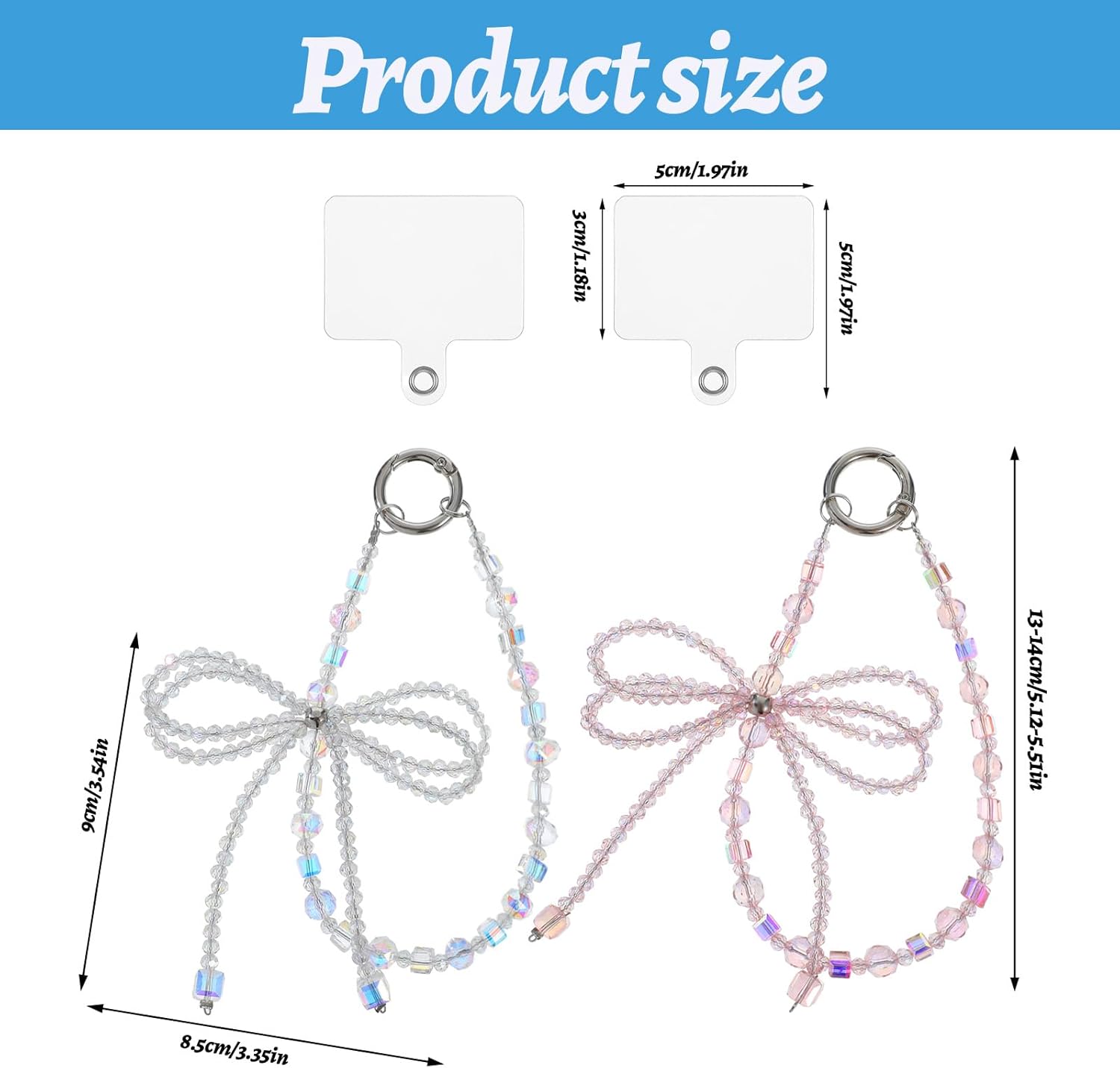 2Pcs Bow Beaded Phone Wrist Strap Sparkling Crystal Cell Phone Charms Cute Phone Chain Lanyard Keychain with Tether Tab for Women (Pink, White) - Image 2
