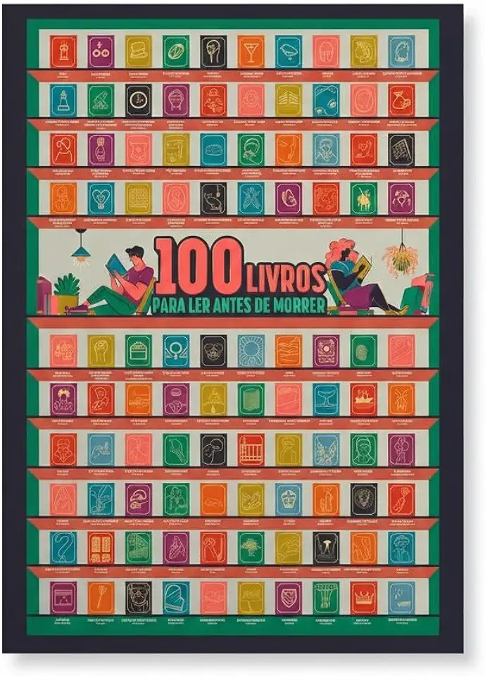 Pôster Raspadinha 100 Livros Para Ler Antes de Morrer, Poster Literário Interativo, Papel Couchê 250g, Preto, 60x40 cm, Presente para Leitores e Amantes de Livros