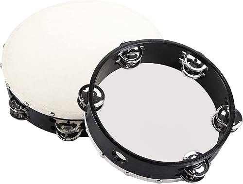 Miniatura 2 de Foraineam Pandereta de mano de madera de 2 piezas (8 y 10 pulgadas), cascabeles de metal de doble fila, tambor de percusión musical
