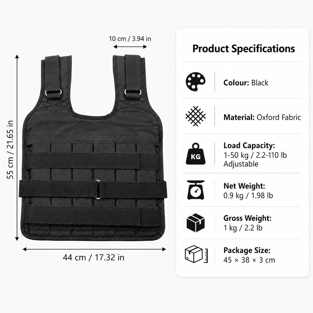 Gilet Pesante Regolabile 1-50kg in Oxford per Allenamento 44x55cm | Gilet da allenamento fitness con cinghie larghe e fasce frontali, per uomini e donne