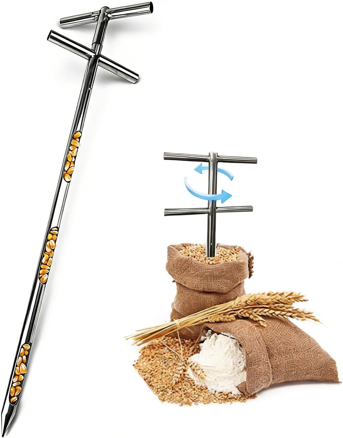 Grains Powder Sampler - Stainless Steel Sampling Probe with Handle, 3 Slots, 32mm, Ideal for Measuring Grain Size of Rice and Corn