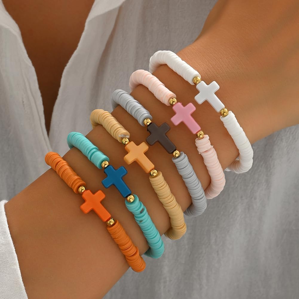 6Pcs Bohemian Rainbow Polymer Clay Beaded Cross Stretch Bracelets Heishi Surfer Bracelets Set for Women Summer Beach Layered Stackable Colorful Friendship Accessories Handmade Gifts - Image 5
