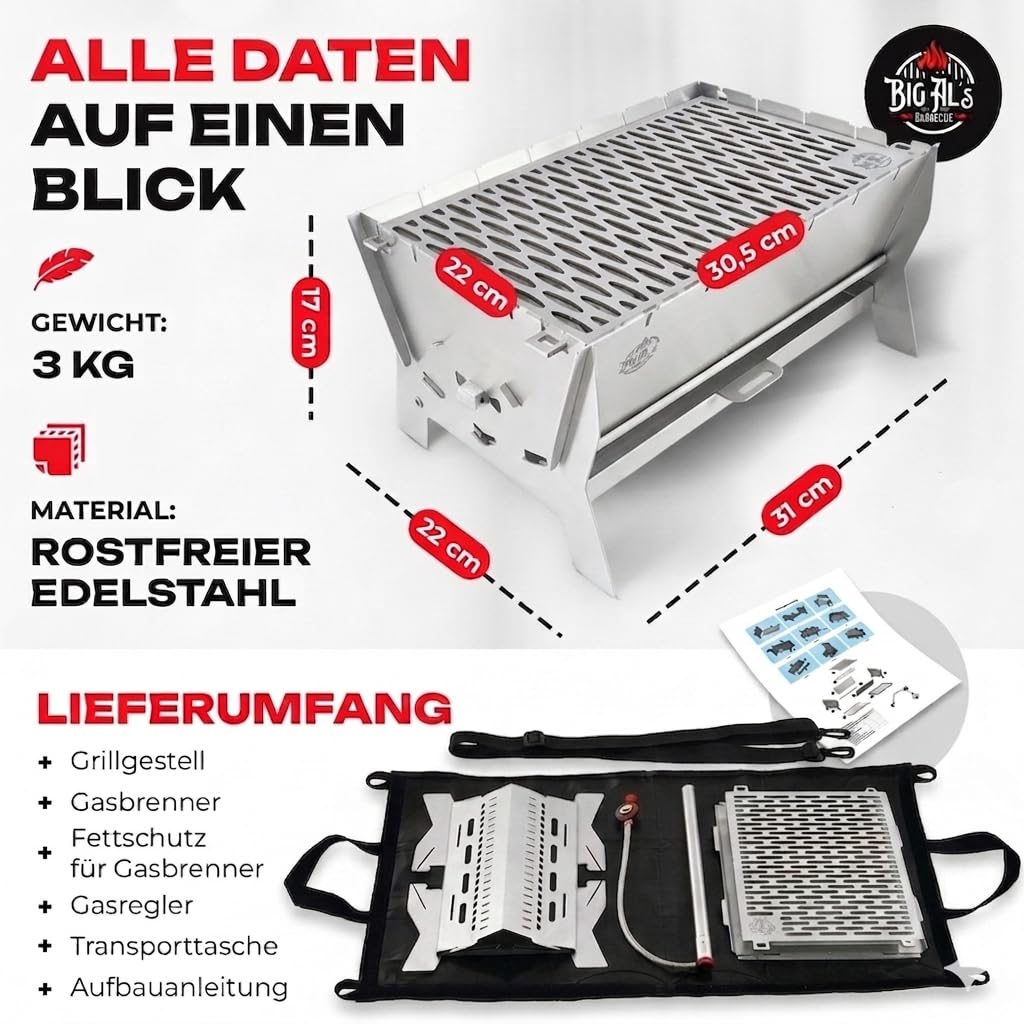Little Bro Mobiler Steck-Gasgrill 3-in-1 Edelstahl Grill für Gas & Holz/Kohle - Inkl. Tasche (Grillmatte) & Schultergurt - Kompakter Campinggrill für Outdoor, Balkon & Trekking