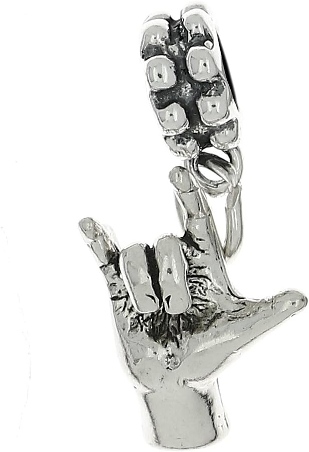 Sterling Silver Oxidized 3D I Love You Sign Language Dangle Bead Charm Compatible with Pandora Bracelets
