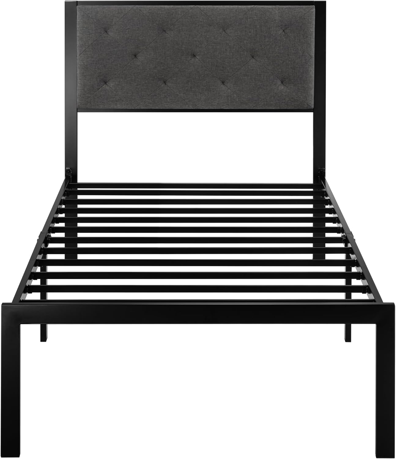 SHA CERLIN Twin Size Metal Platform Bed Frame,Linen Upholstered Button Tufted Headboard, Mattress Foundation with 12.4” Under-Bed Storage, Noise-Free, Easy Assembly, No Box Spring Needed, Dark Grey