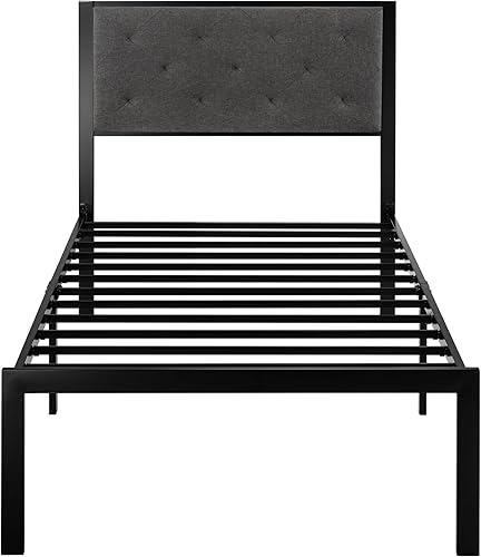 Miniatura 37 de Allewie Base de cama Queen con cabecera tapizada, diseño elegante copetudo cosido de diamante, no necesita somier, gris oscuro Gris oscuro,Negro