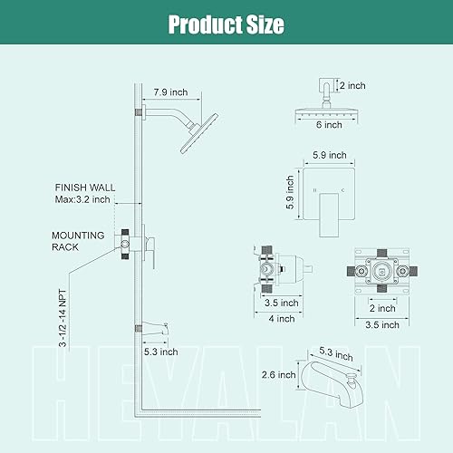 Miniatura 6 de Juego de grifo de ducha para bañera, kit de molduras de ducha cuadrado de 6 pulgadas, sistema de ducha de un solo mango, juego de cabezal de ducha y