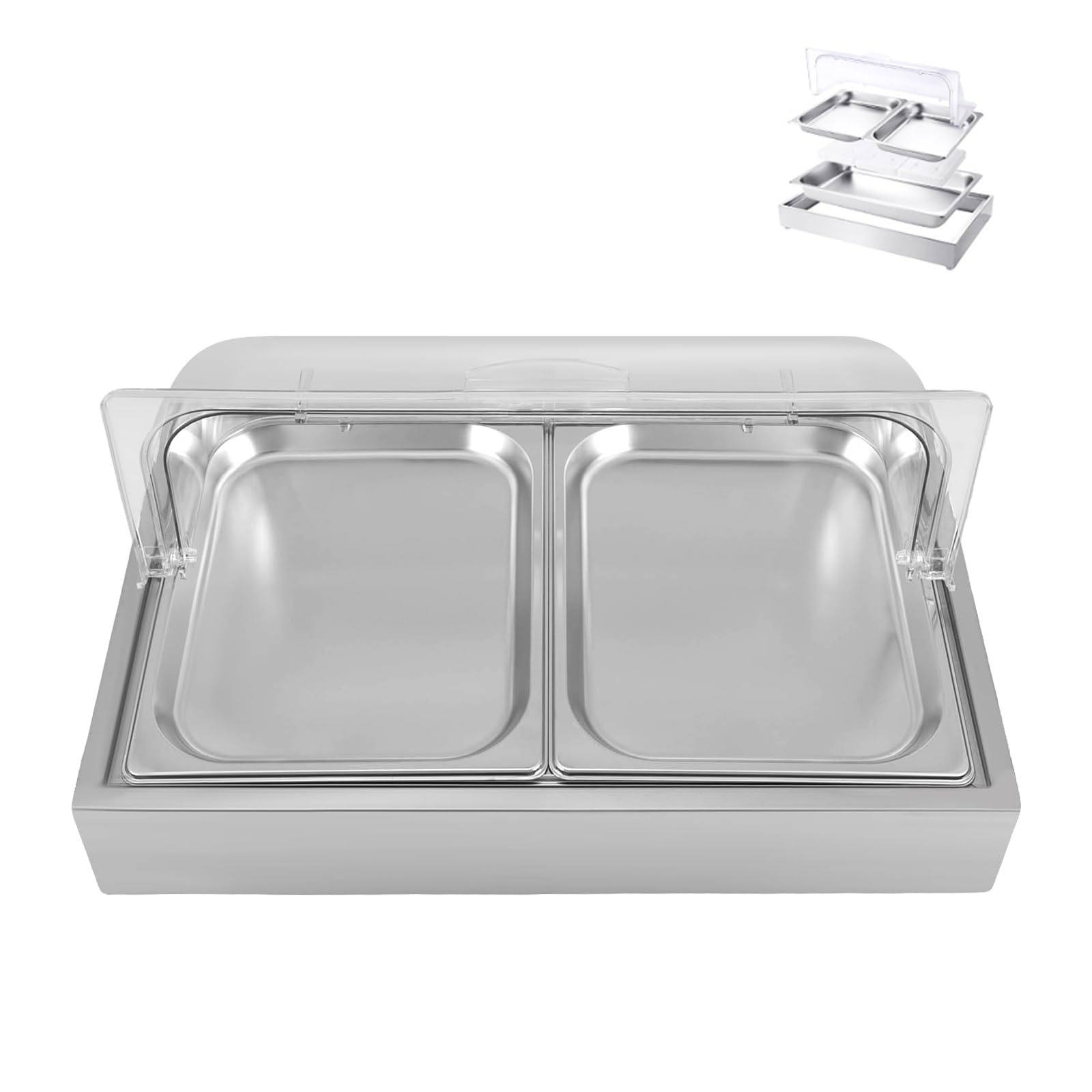 Countertop Ice Food Serving Display Tray, 2 Pans Stainless Steel Buffet Cold Serving with Clear Roll Top Cover, Cooling Food Dishes Display Plate Case for Party, Buffet(Silver)