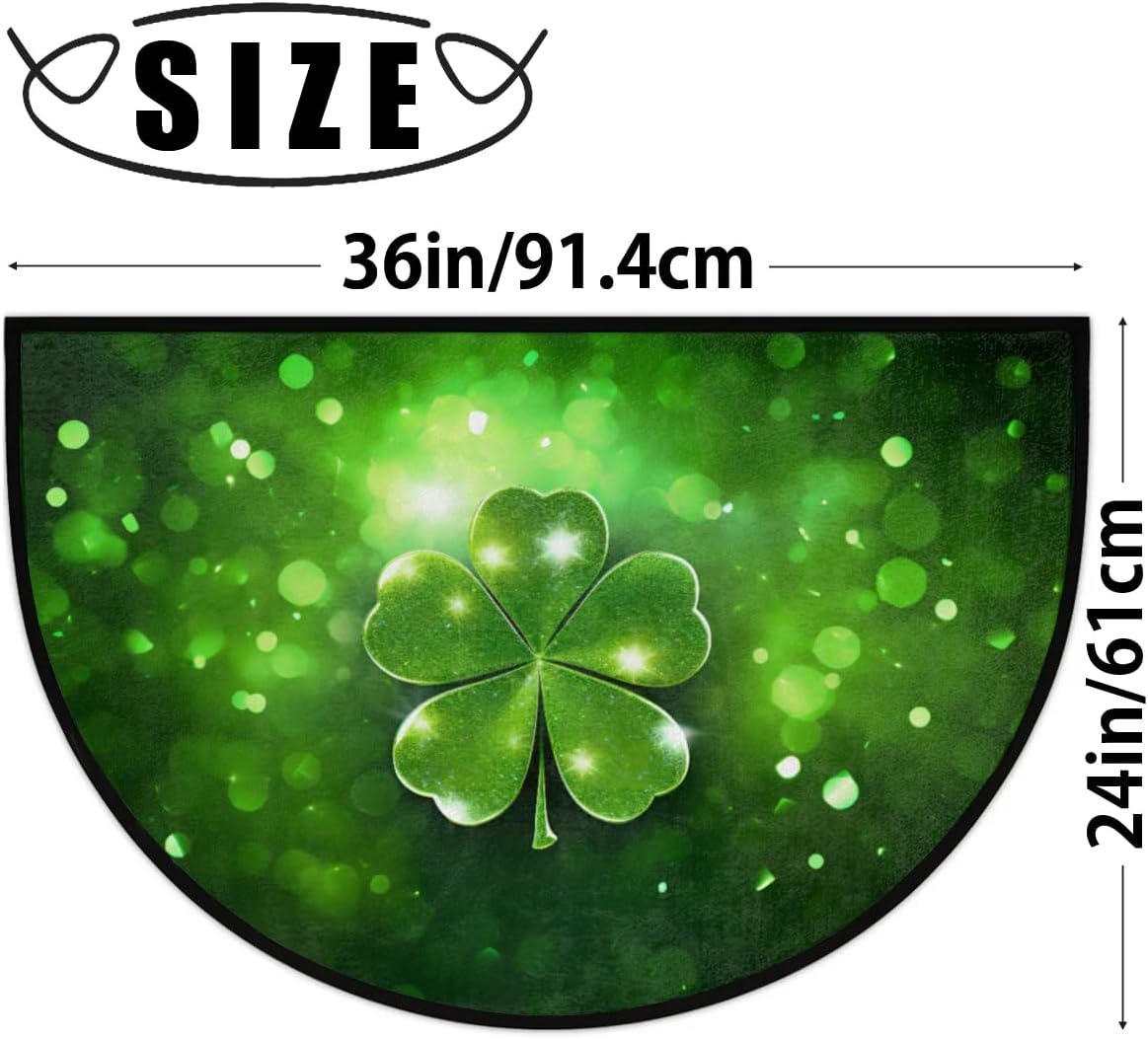 Half Round Door Mat St. Patrick's Day Green Four Leaf Clovers Non-Slip Semi Circle Area Rug Washable Semi Circle Floor Rug for Indoor Outdoor Living Room Bathroom Kitchen Patio Hearth Rugs Decoration