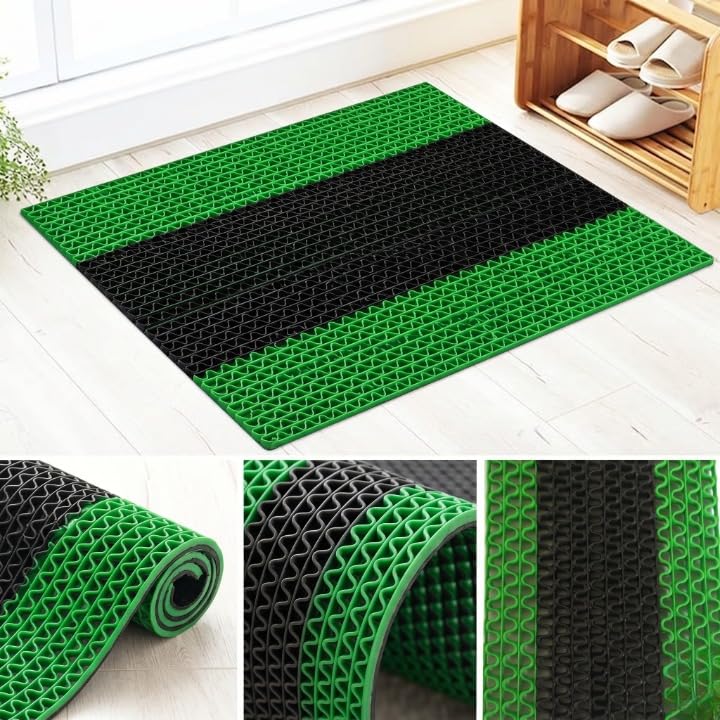 Image of TIB Anti Skid Waterproof PVC Rubber Mat for Bathroom, Floor, Swimming Pool, Shower, Entrance & Rainy Areas | Multipurpose Dual Colour Floor Mat,2x7 Feet,Black & Green