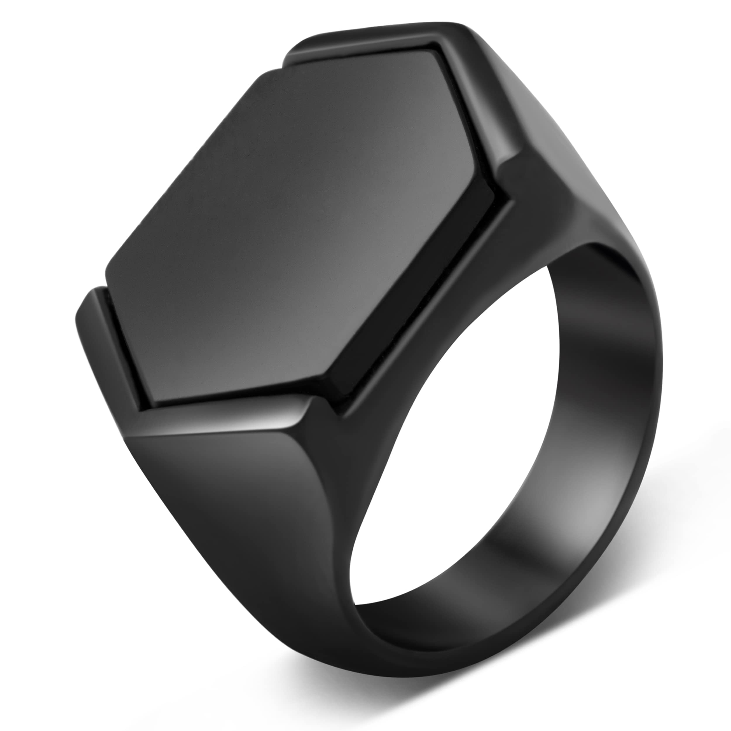 Akitsune Anillo Abyssum | Anillo de sello elegante de moda para hombre, diseñador de acero inoxidable con piedras preciosas, Negro mate - Negro - US 7