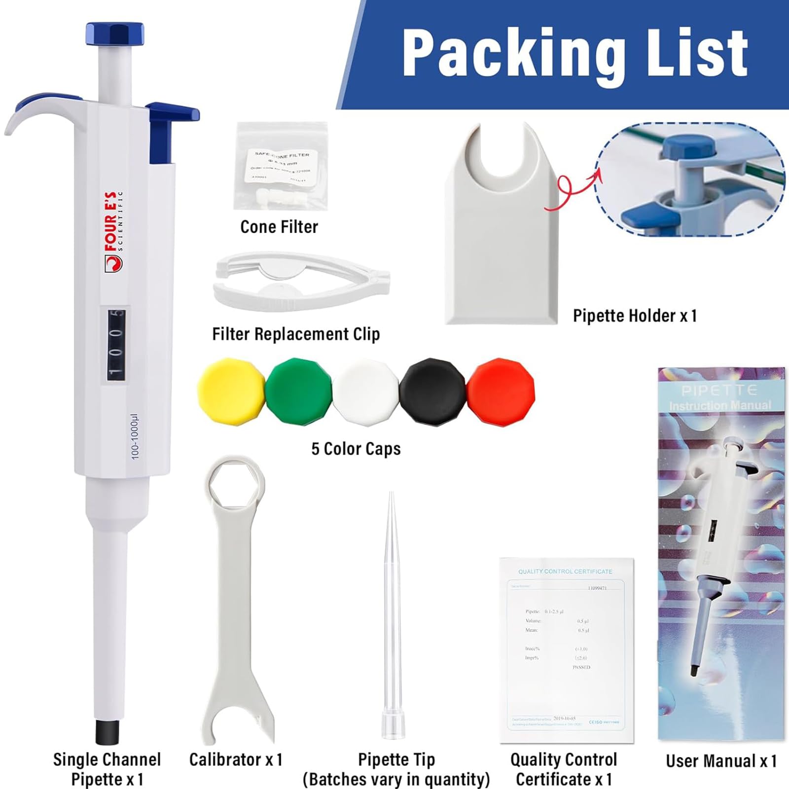 Micropipetta 1000 uL, micro pipette da laboratorio scientifico a canale singolo, 100-1000 uL Volume variabile regolabile