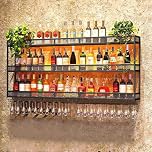 BUBEO Wall Mounted Wine Rack with LED Glass Holder, Liquor Bottles Shelves Display Storage Organizer Hanging Long Stemware Goblet Metal for Home Mini Bar Cellar Black