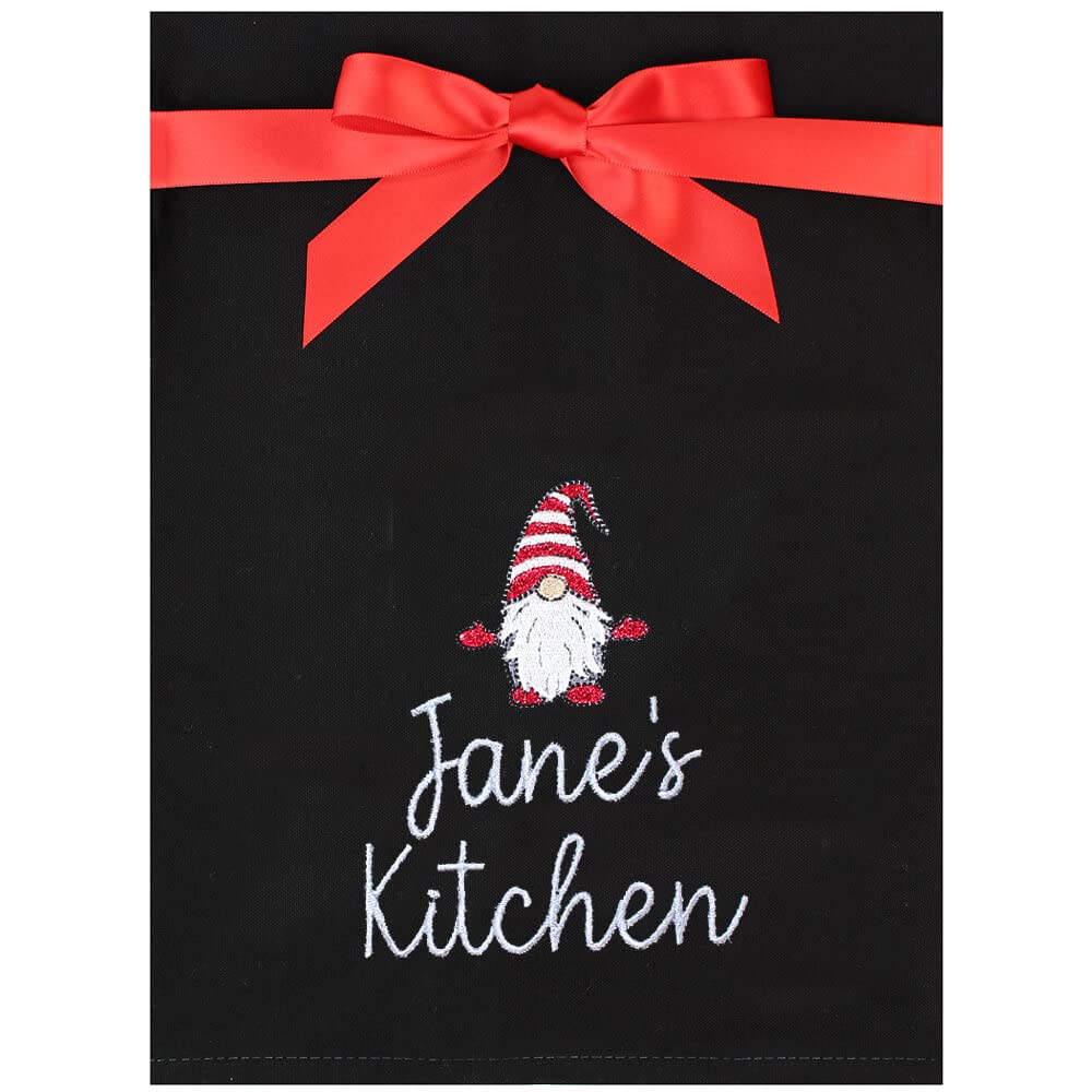 Personalised Gonk Gnome Embroidered Black Cotton Tea Towel